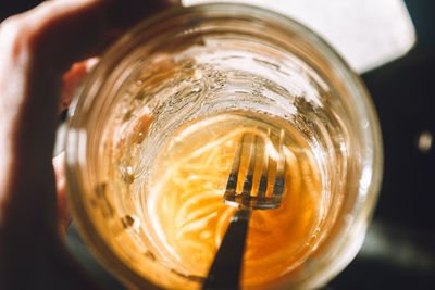 High angle view of drink on table