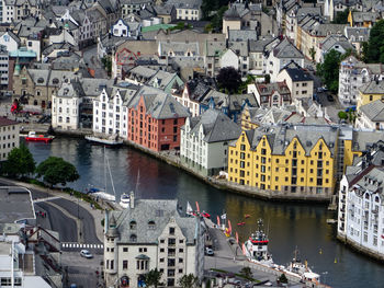 High angle view of boats in river