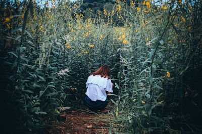 Rear view of woman crouching on field amidst plants