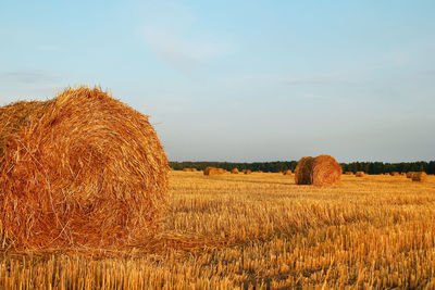 Hay bales on field against sky