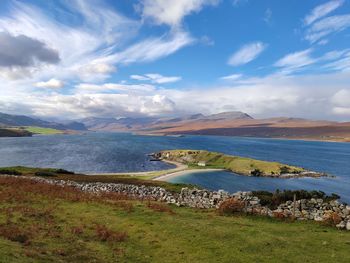 Scenic view of bay against sky