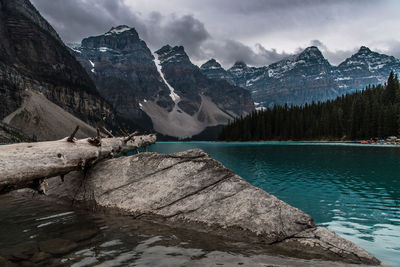 Scenic view of lake by snowcapped mountains against sky