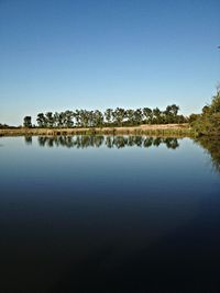 Scenic view of calm lake against clear sky