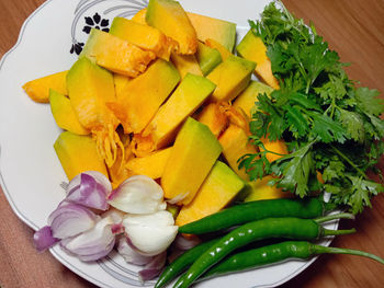 High angle view of chopped vegetables on table