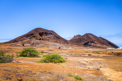 Scenic view of arid landscape against clear blue sky