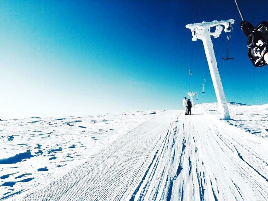 clear sky, snow, winter, cold temperature, blue, leisure activity, copy space, lifestyles, men, full length, walking, unrecognizable person, season, tranquility, tranquil scene, landscape, incidental people, person