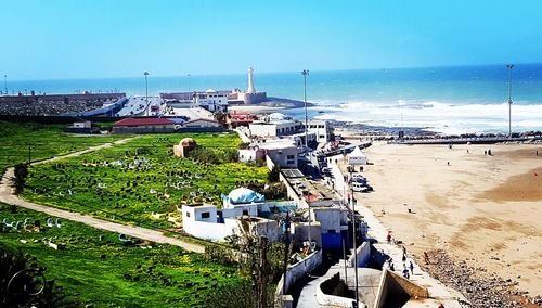 High angle view of beach against clear sky