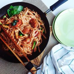 Directly above shot of tomato pasta in pan on table