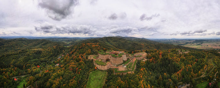 Srebrna gora fortress and sudety mountains at autumn season, aerial drone view