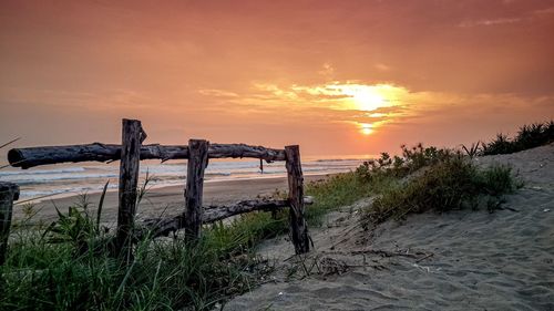 Wooden posts on beach against sky during sunset