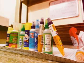 Close-up of bottles on table