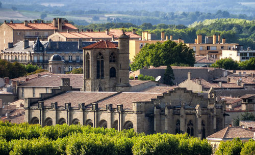 Aerial view over rooftops of a mediterranean city