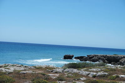 Scenic view of sea against clear blue sky