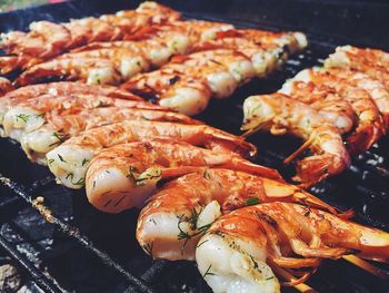 Close-up of seafood on barbecue grill