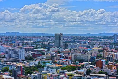 High angle view of city buildings against sky