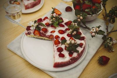 High angle view of dessert on table