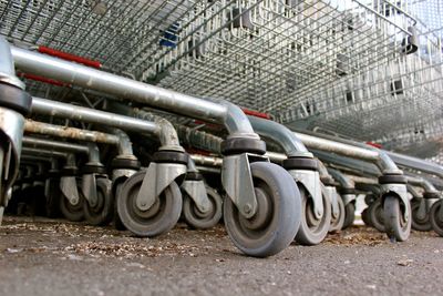 Close-up of shopping cart wheels