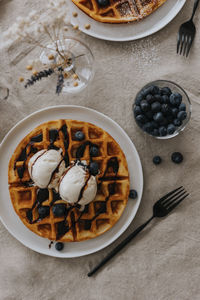 High angle view of waffles on plate