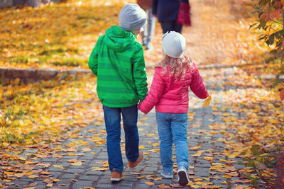 Rear view of kids walking wile holding hands at park during autumn