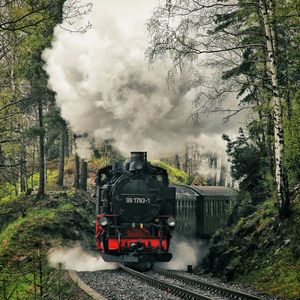 Train on railroad track against trees