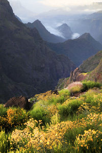 Scenic view of mountains against cloudy sky