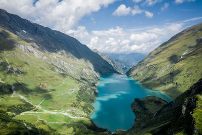 Aerial image of kaprun high mountain reservoirs and dam wall, salzburg, austria