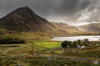 Scenic view of lake and snowdonia mountains
