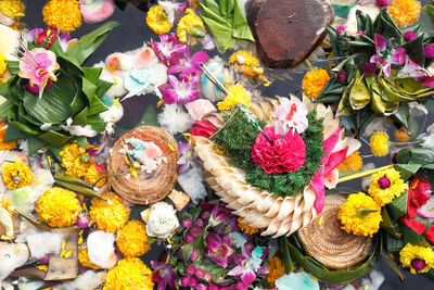 High angle view of various flowers on display at market