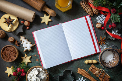 High angle view of christmas decorations on table