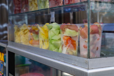 Rujak fresh snack street food fruit mix like water apple, watermelon, papaya, pineapple, mango.