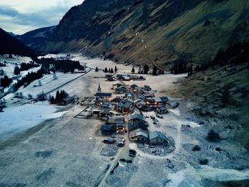 High angle view of landscape against sky during winter
