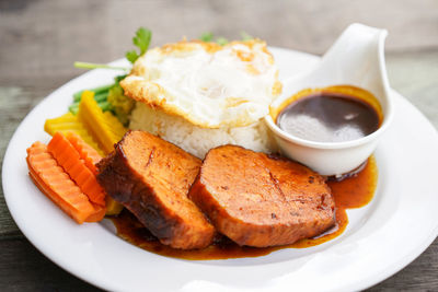 Close-up of breakfast served on table