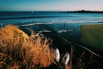 Close-up of person sitting in grass by sea against clear sky