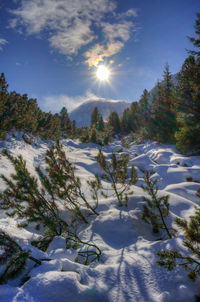 Scenic view of snowcapped mountains against sky on sunny day