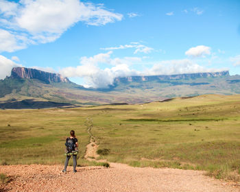 Rear view of man standing on landscape against sky
