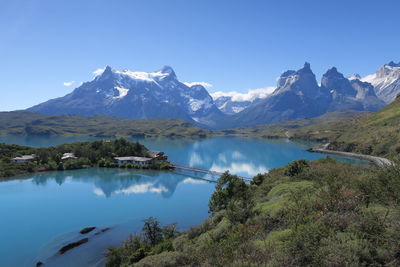 Scenic view of lake and snowcapped mountains against sky