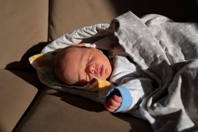 Portrait of cute newborn baby lying on blanket