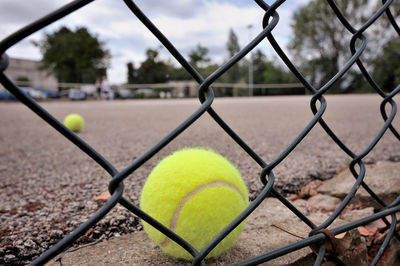 Tennis ball by chainlink fence in court