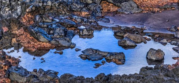 High angle view of rock formation in sea