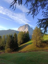 Scenic view of field against sky, dolomites, valgardena sassolungo, selva di valgardena 