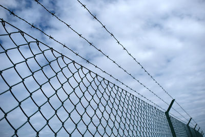 Low angle view of chainlink fence against sky