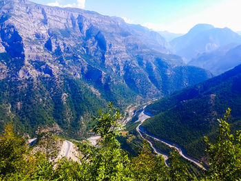 High angle view of mountain range against sky