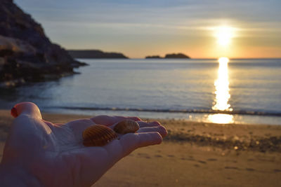 Close-up of hand on beach against sky during sunset