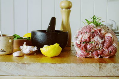 Close-up of raw food on table