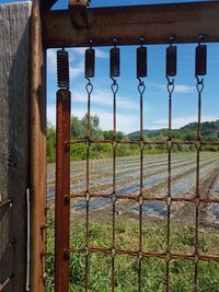 Close-up of metal hanging against sky