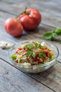 Close-up of salad in bowl on table