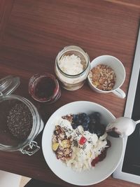 High angle view of breakfast on table