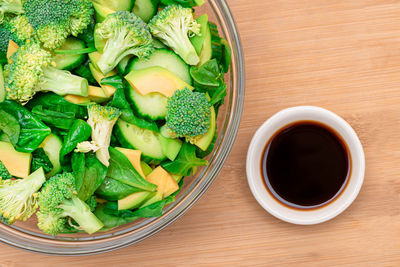 High angle view of salad in bowl on table