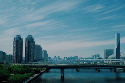 Bridge over river by buildings against sky in city