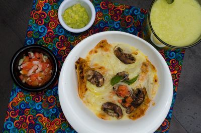 High angle view of food served on table